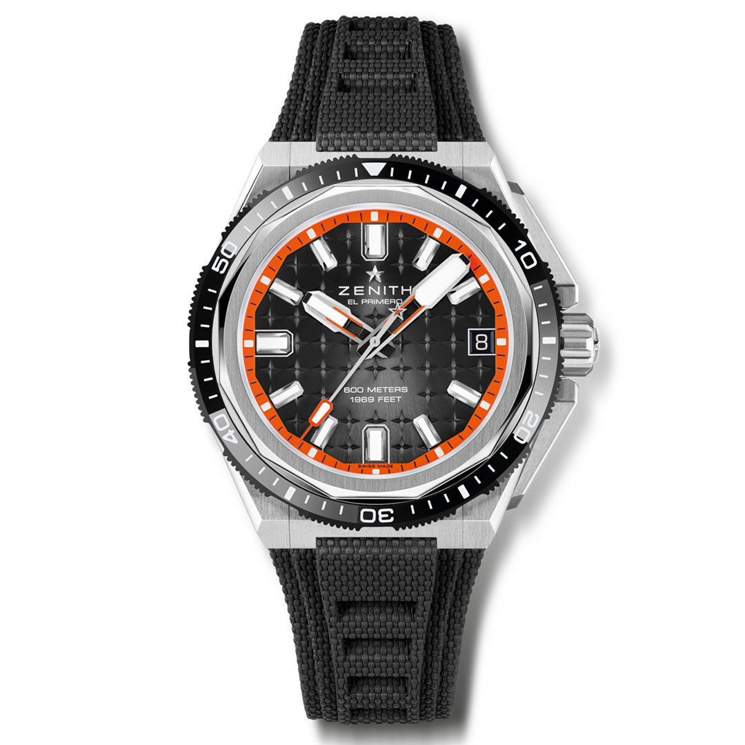 The ZENITH Defy Extreme Diver El Primero 3620 Automatic Chronograph 42.5mm Watch features a sporty design with a black textured strap and dial. It showcases automatic movement, bold orange accents, silver indices, and a date window at the 3 o'clock position. The brand name "Zenith" is inscribed below the 12 o'clock marker on this sophisticated timepiece, which also includes a titanium bezel adorned in an eye-catching black and orange color scheme.