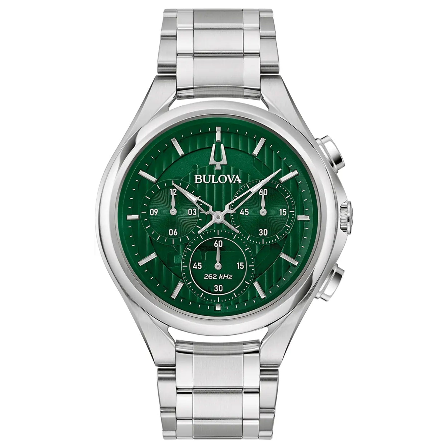 The Bulova CURV HPQ Curv Quartz 44mm Watch is a stunning silver stainless steel wristwatch with a green dial and three sub-dials, perfectly illustrating the elegance of the Bulova brand. It features a polished metal bracelet, marked "Bulova" on the dial, and silver hands and markers that are complemented by two side buttons. This watch is enhanced with 262khz quartz technology to ensure precision.