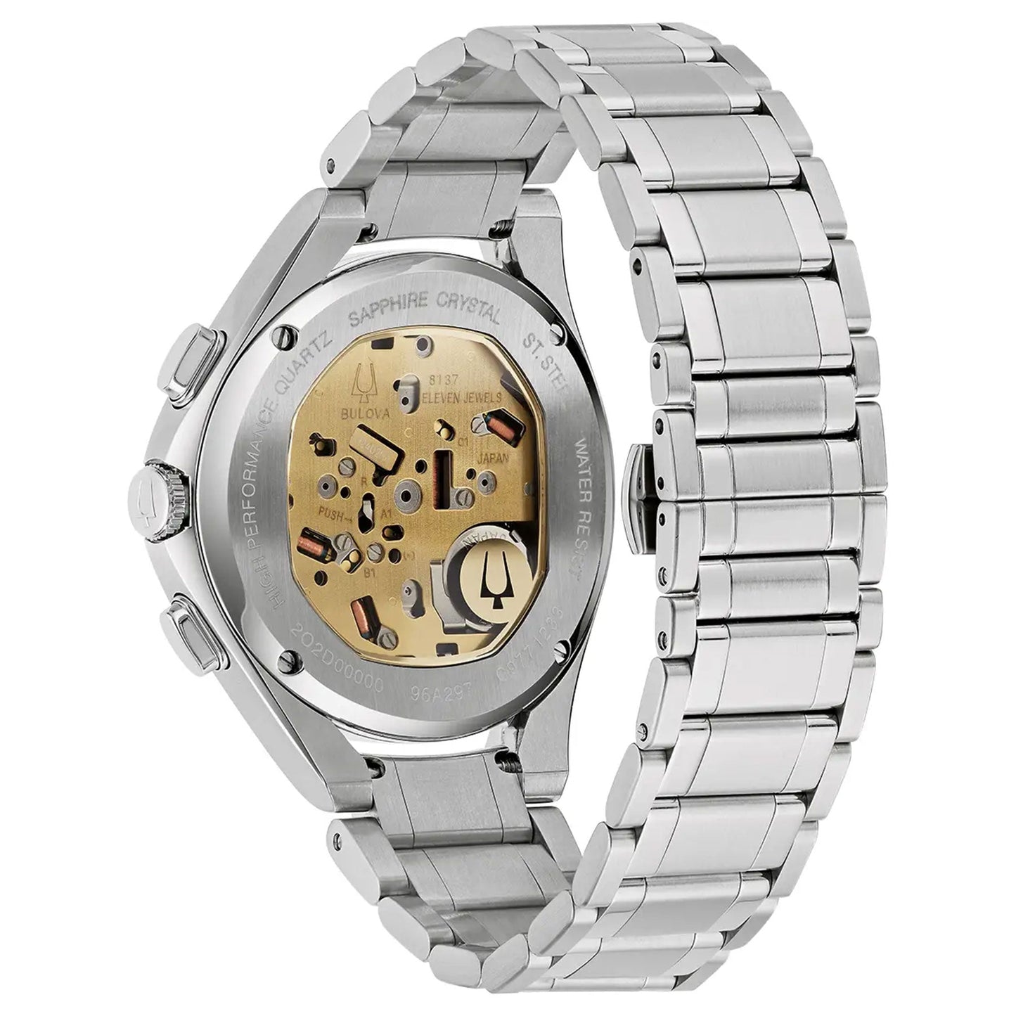 The image highlights the back of the Bulova CURV HPQ Curv Quartz 44mm Watch, which has a stainless steel design and a transparent casing that reveals the intricate workings of its high-precision quartz movement. The watch is adorned with a sleek metal link bracelet, reflecting Bulova's signature blend of style and innovation in their CURV chronograph collection.