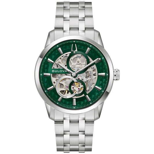 The Bulova Sutton Classic Automatic 40mm Watch features a stainless steel link band, green bezel, skeleton dial displaying the inner gears, and silver hour markers and hands.