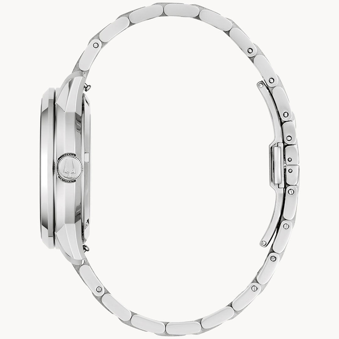 Side view of the Bulova Sutton Classic Automatic 40mm men’s watch with a slim round case and stainless steel bracelet, showcasing the crown and clasp against a white background.