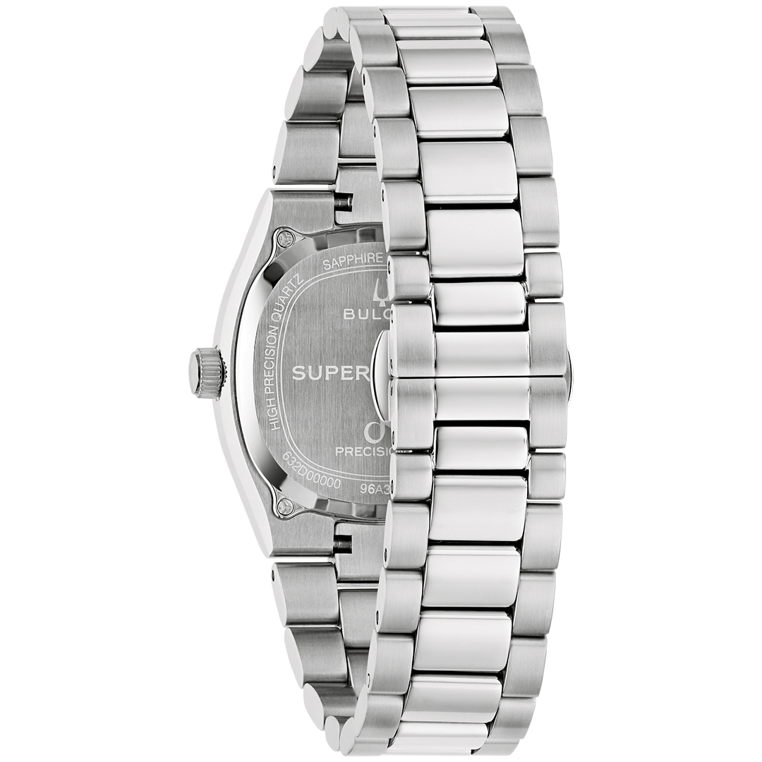 Back view of a silver-tone Bulova Super Seville Precisionist Quartz 35mm Watch with a stainless steel bracelet.