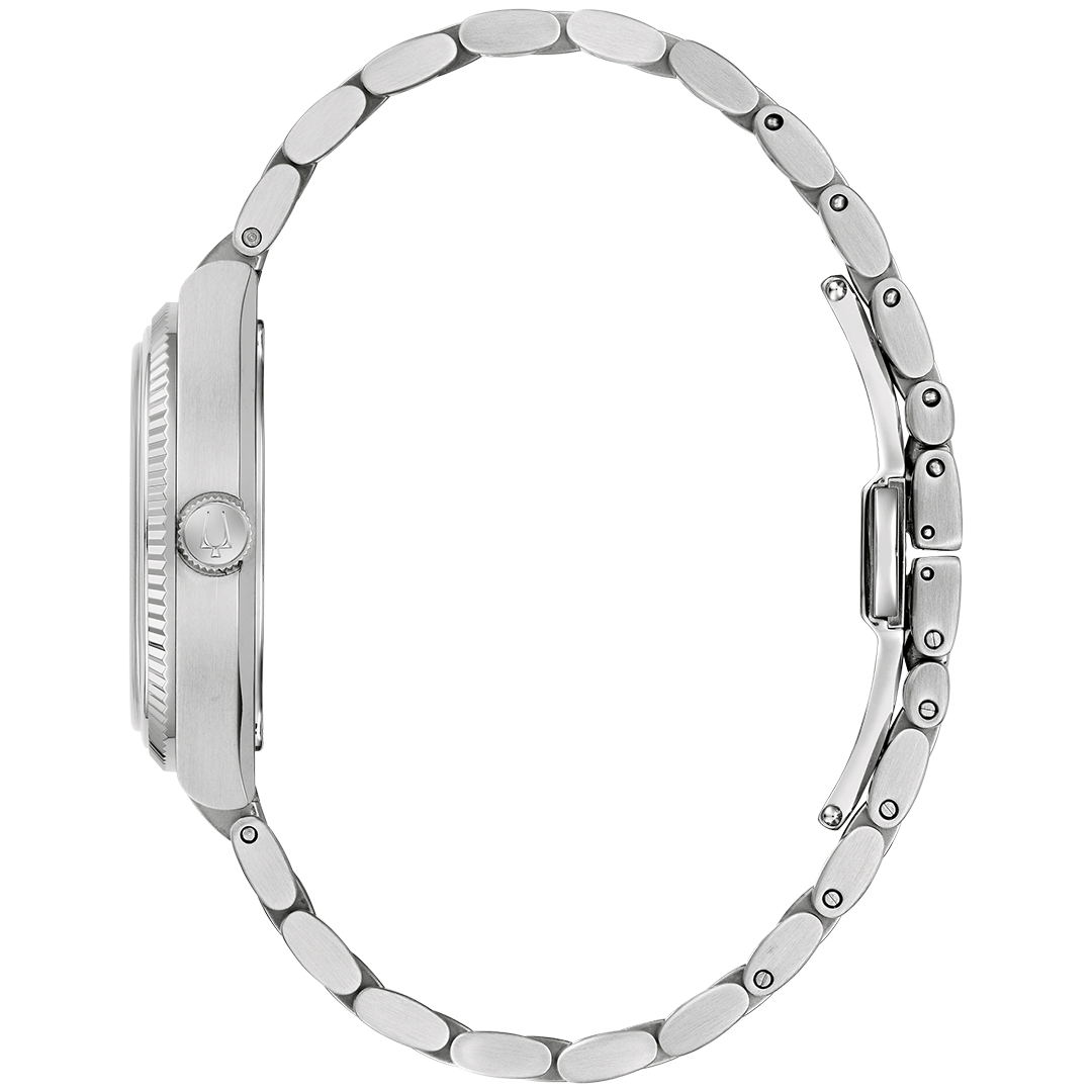 Side view of a retro-inspired silver-tone metal Bulova Super Seville Precisionist Quartz 35mm Watch featuring a round case, fluted bezel, and a stainless steel bracelet.