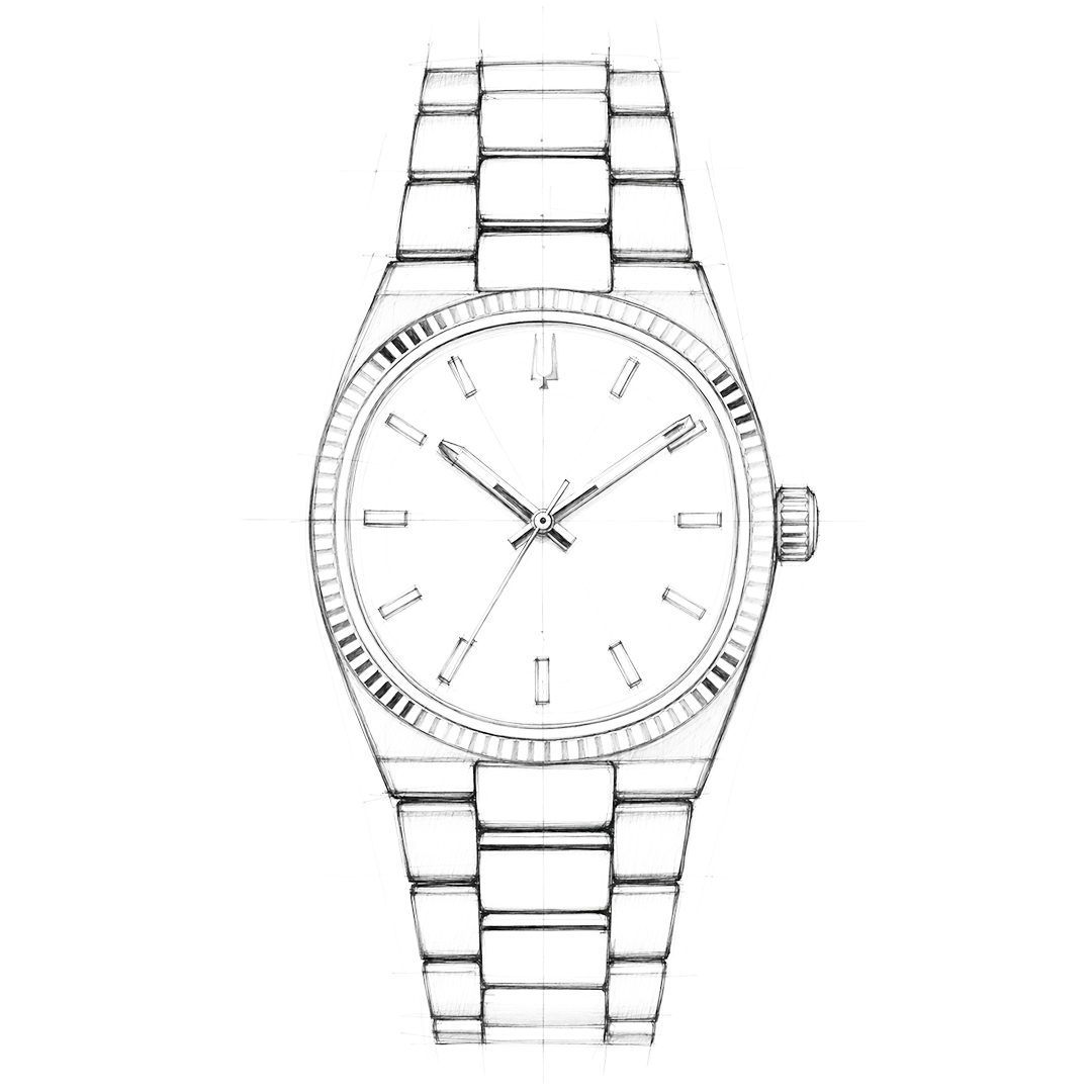 A graphite pencil sketch of a Bulova Super Seville Precisionist Quartz 35mm Watch with a retro-inspired fluted bezel and stainless steel bracelet.