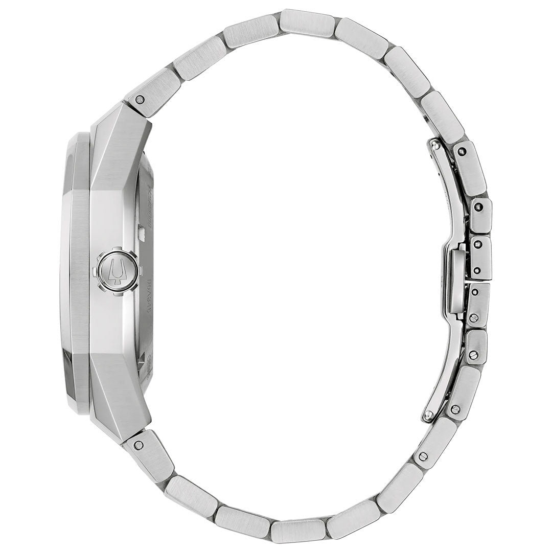 Side view of the Bulova Surveyor Marc Anthony Automatic 40.5mm Watch, showcasing its silver metal bracelet and clasp while highlighting the substantial case thickness and bold bracelet links. The automatic movement is encased within, with the crown positioned on the left side—an eye-catching design by Bulova inspired by Marc Anthony.