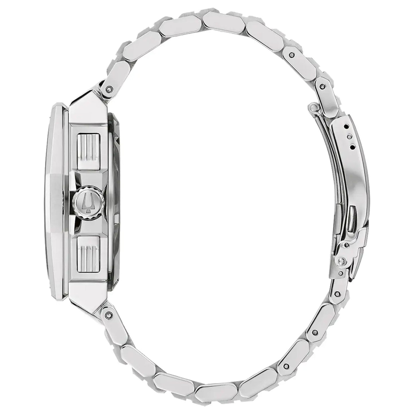 Side view of the Bulova Series X HPQ Precisionist Quartz 45mm Watch featuring a silver metal linked bracelet. The image highlights the watch's thickness and details of the clasp and side buttons, showcasing its robust, angular design that incorporates advanced 262kHz Precisionist technology for superior accuracy.