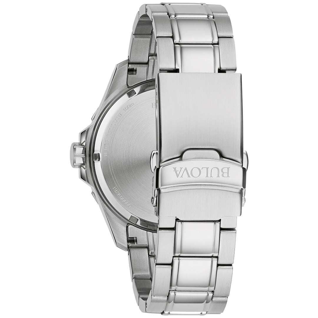 A close-up view of the back and clasp of a Bulova Marine Star Series B Quartz 44mm men’s watch, featuring a polished stainless steel link band.