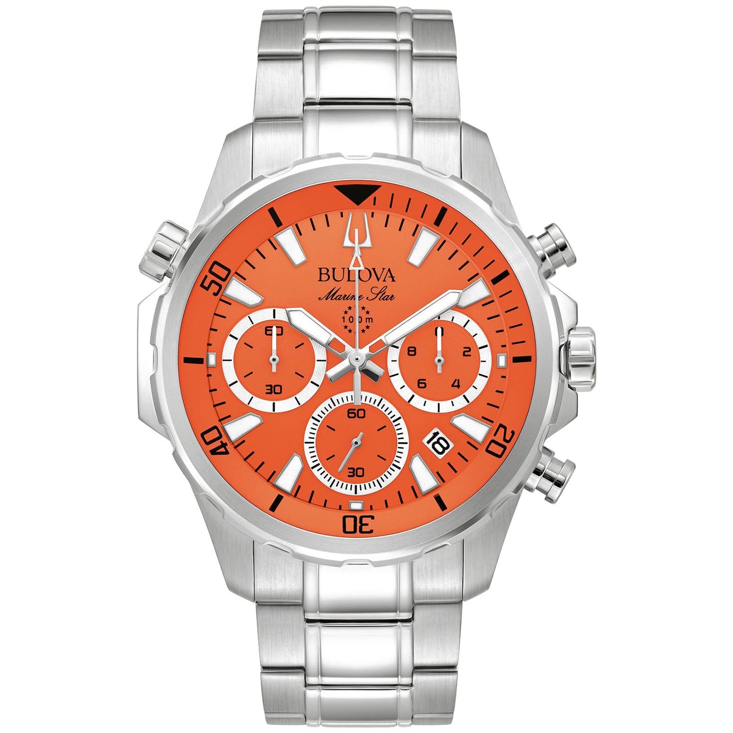 The Bulova Marine Star Quartz 43.5mm Watch for men showcases a silver stainless steel bracelet and an orange dial, complete with three subdials, white hour markers, and a date window between the 4 and 5 o'clock positions. It also features chronograph buttons on the right side.