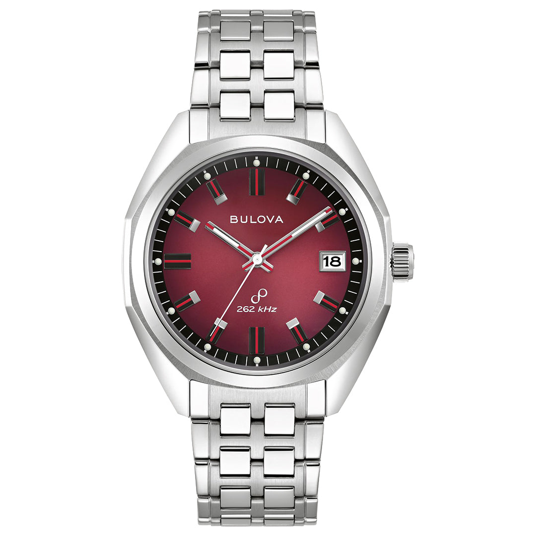 The Bulova Jet Star Quartz 40mm Watch is a silver creation featuring a striking red dial accented with black and silver hour markers and hands. This exquisite timepiece includes a date display, operates on a Precisionist movement, and is encased in stainless steel with an accompanying matching link bracelet.