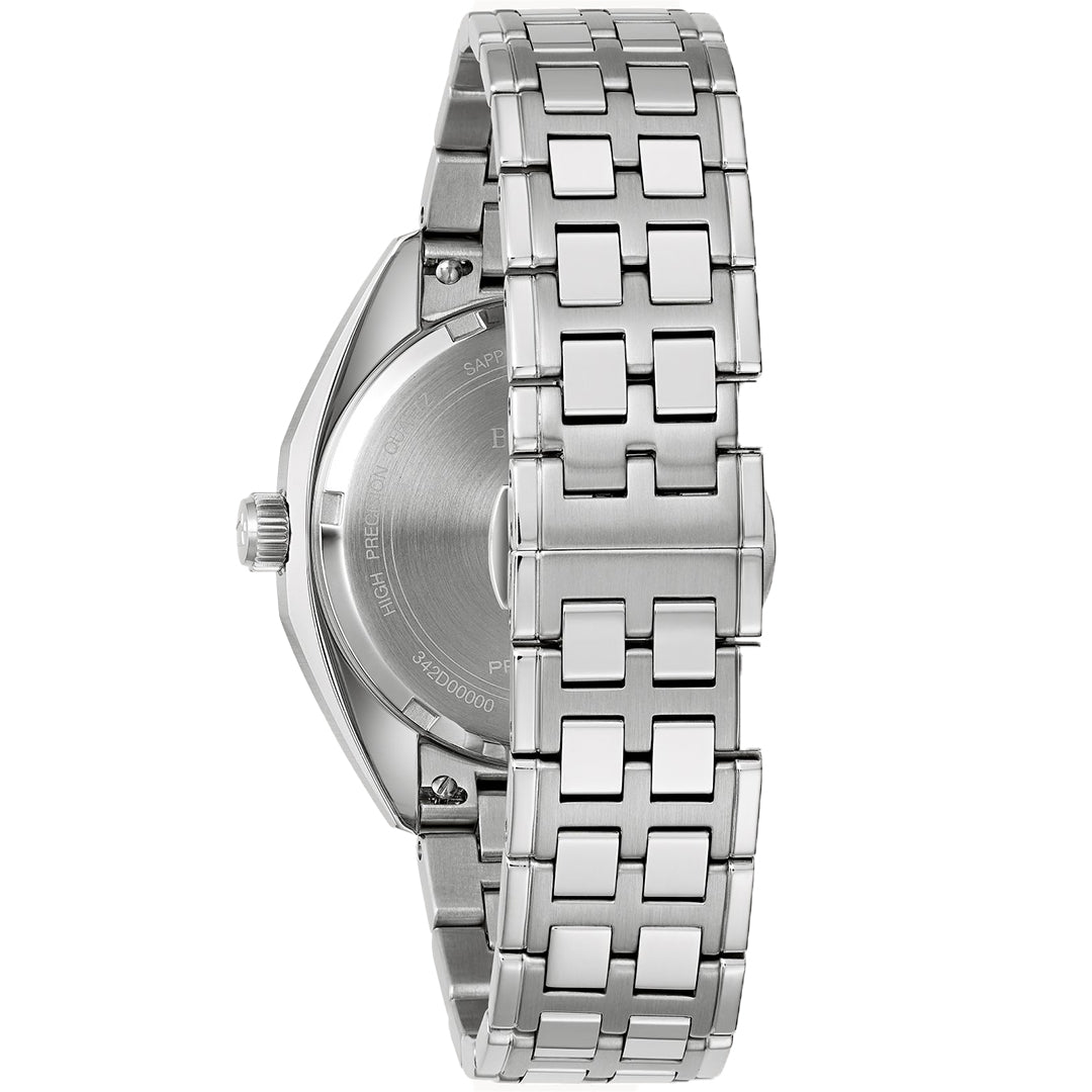 The Bulova Jet Star Quartz 40mm Watch features a polished stainless steel link bracelet and case. Engraved details adorn the back, complemented by a visible clasp mechanism, while its sleek and modern design highlights the brand's dedication to precision.