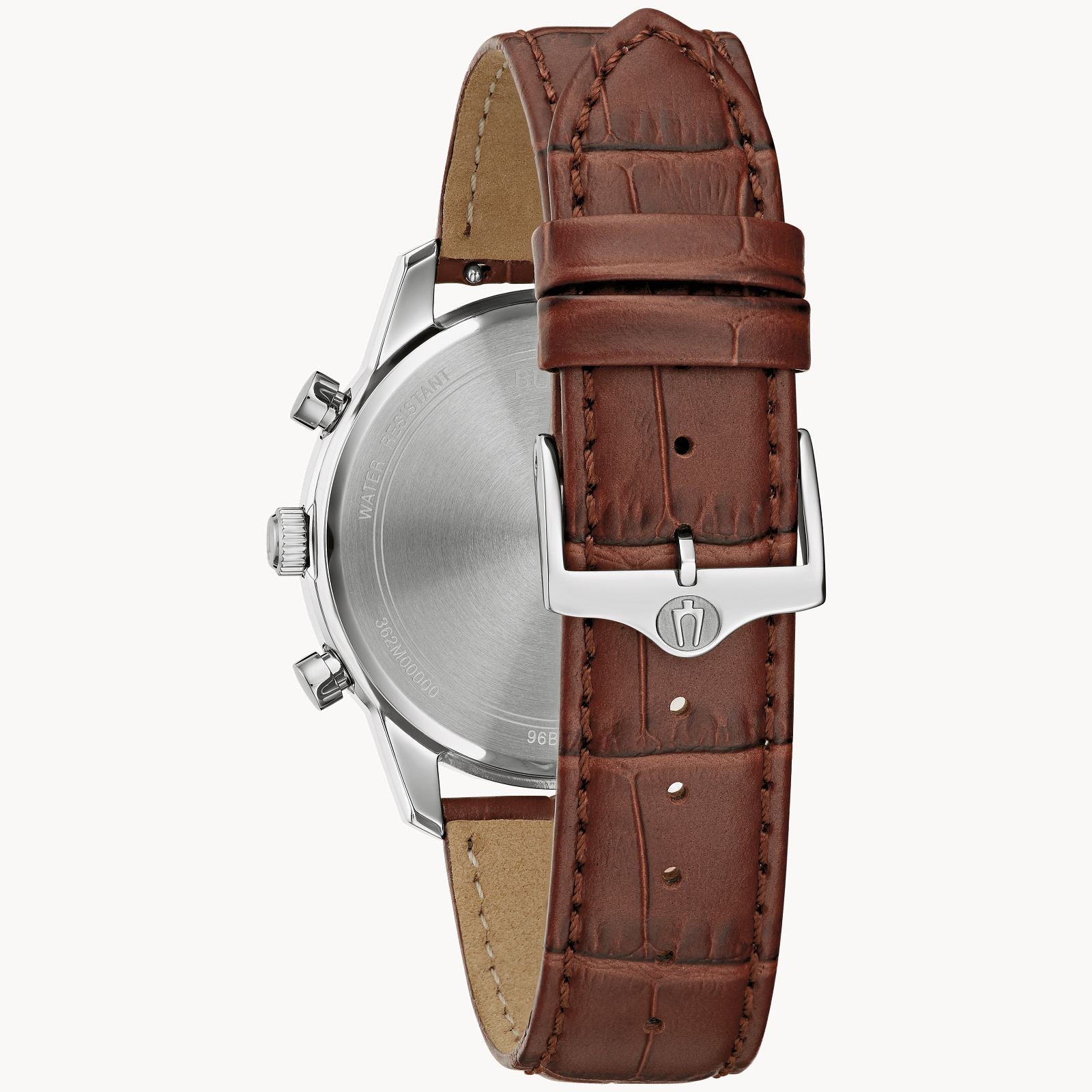 This exquisite Bulova Sutton Quartz 41mm Watch features a brown leather strap with a textured crocodile pattern, visible watch back, and polished silver-tone stainless steel clasp, all complementing the sleek metallic sheen of the casing.