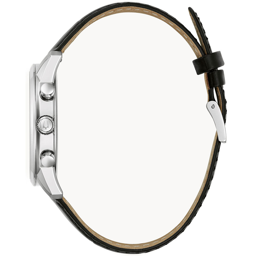 Side view of the Bulova Sutton Quartz 41mm Watch for men, featuring a black leather strap, silver-tone stainless steel case with two pushers and crown; the circular strap highlights its elegant profile.