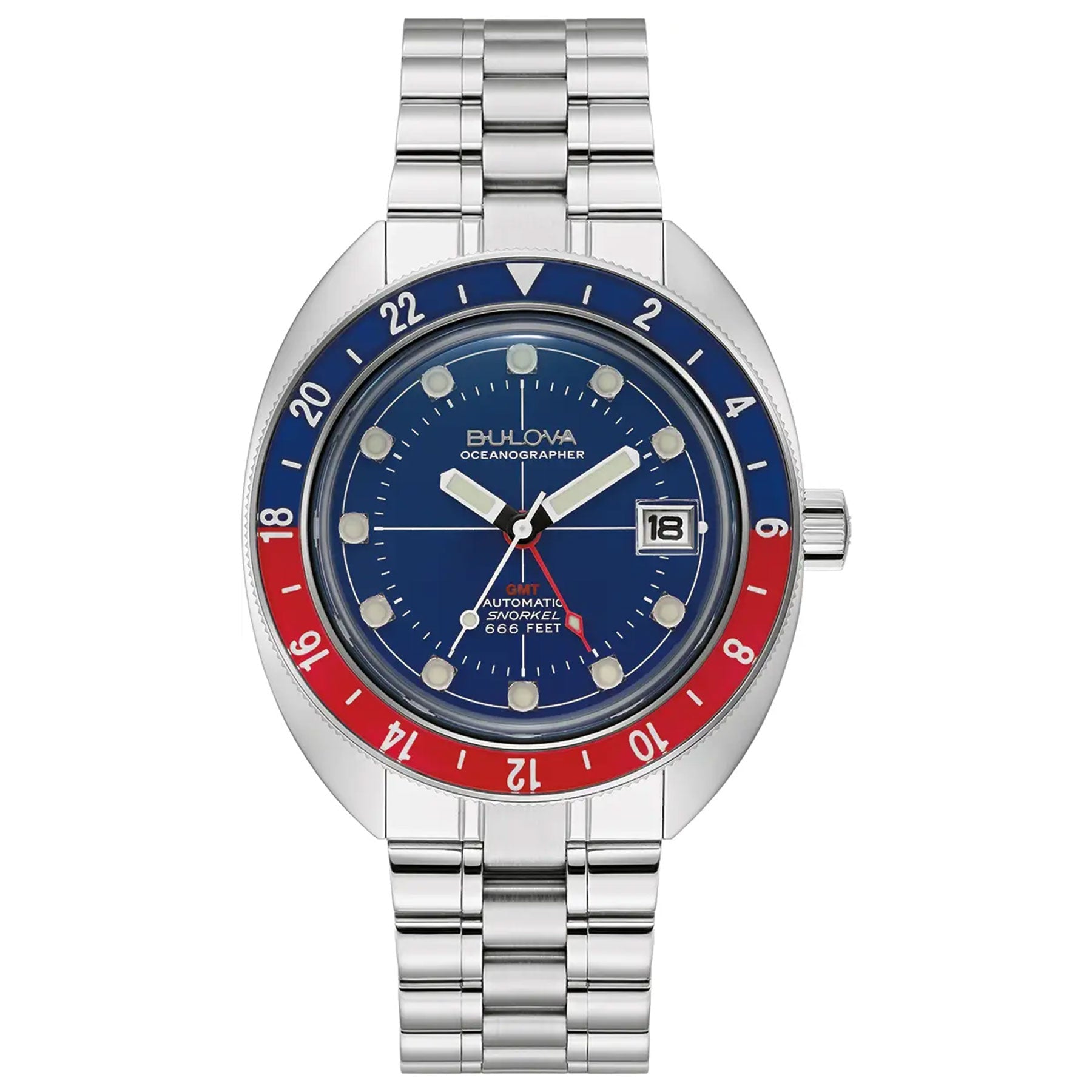 A Bulova Oceanographer Automatic GMT 41mm watch adorned with a blue and red bezel showcases a silver case. It includes a blue dial, luminescent hour markers, and a date window at the 3 o'clock position. This watch is driven by self-winding GMT movement and is complemented by a refined silver metal bracelet.