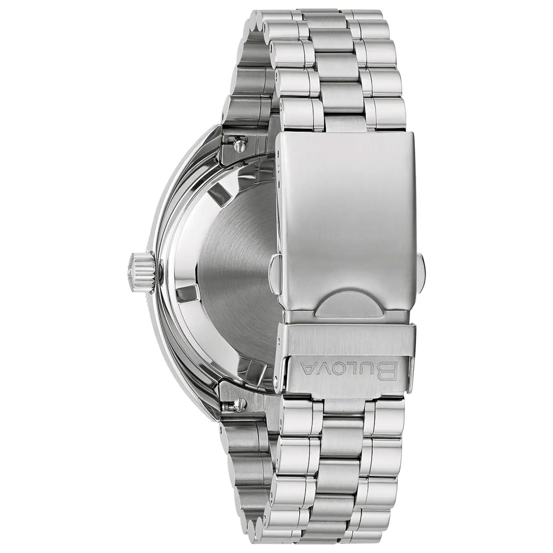 The image features a Bulova Oceanographer Automatic GMT 41mm Watch, showcasing a polished silver metal wristwatch with an intricate link band, seen from the back. The closed clasp displays the brand name "Bulova," while the round watch case highlights luminescent hour markers and is powered by an automatic GMT movement.