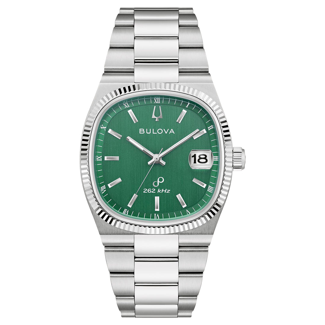 The Bulova Super Seville HPQ Precisionist Quartz watch features a green dial with white markers and hands, a date display at 3 o'clock, "262 kHz" above 6 o'clock, and comes with a stainless steel bracelet.