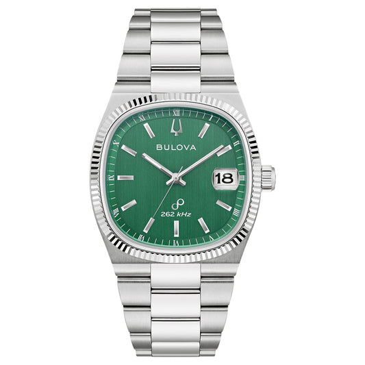 The Bulova Super Seville HPQ Precisionist Quartz watch features a green dial with white markers and hands, a date display at 3 o'clock, "262 kHz" above 6 o'clock, and comes with a stainless steel bracelet.