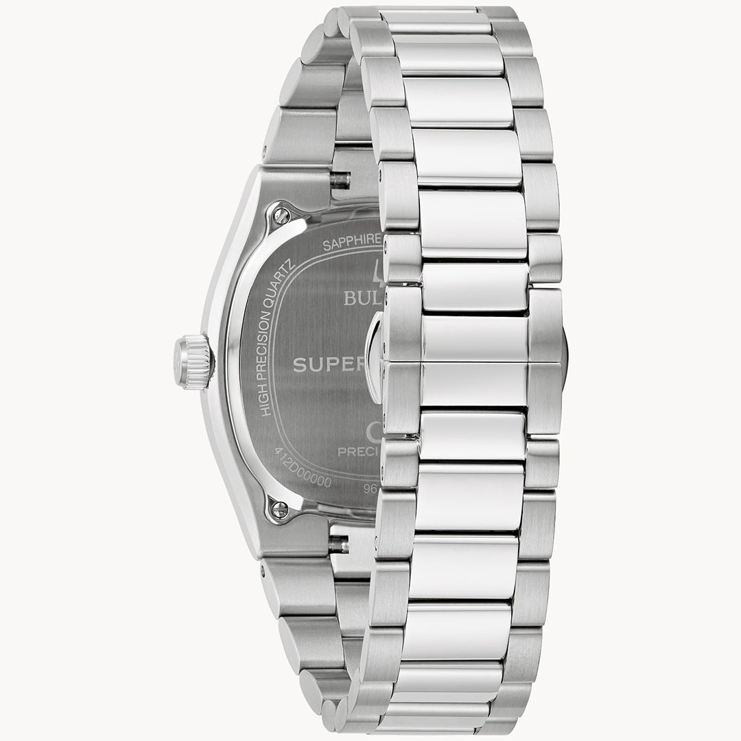 The image features the Bulova Super Seville HPQ Precisionist Quartz 37.5mm Watch. It shows a silver metal wristwatch with an engraved case back, stainless steel bracelet, visible clasp and links, high-precision quartz movement, sapphire crystal, and showcases Precisionist technology by Bulova.