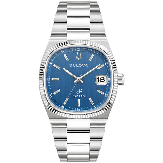 Introducing the Bulova Super Seville HPQ Precisionist Quartz 37.5mm Watch, a classic silver wristwatch featuring a stainless steel bracelet and a striking blue face. The watch is adorned with white hour markers, includes a date display at the 3 o'clock position, and showcases '262 kHz' above 6 o'clock as part of its advanced Precisionist technology.