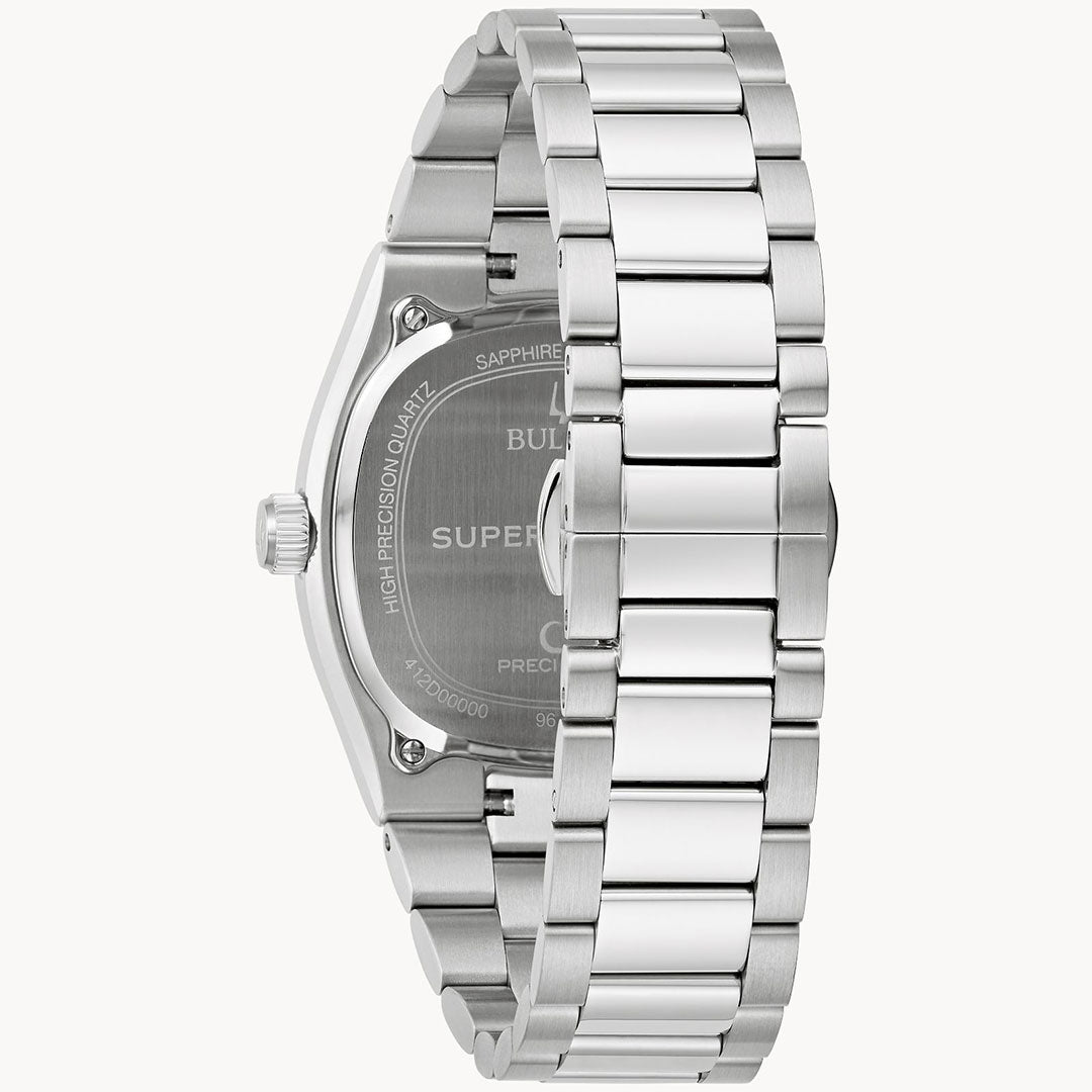 The image shows the back of a Bulova Super Seville HPQ Precisionist Quartz 37.5mm Watch, featuring a polished metal band. The round case includes specifications such as "Bulova Super Seville," "High-Precision Quartz," and "Sapphire." The clasp of the stainless steel bracelet is also visible.