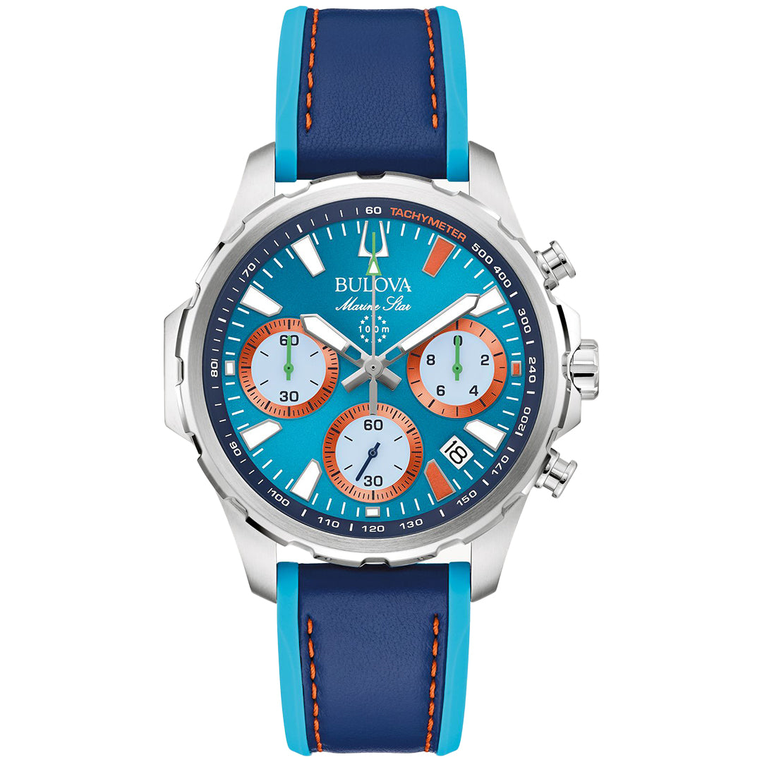 Introducing the Bulova E1 Team Miami Quartz 43mm Watch, a special edition inspired by the E1 Championship. It has a blue and orange tachymeter bezel, vibrant dial with multicolored subdials, date window at 4 o'clock, stainless steel case, and blue leather strap with orange stitching.