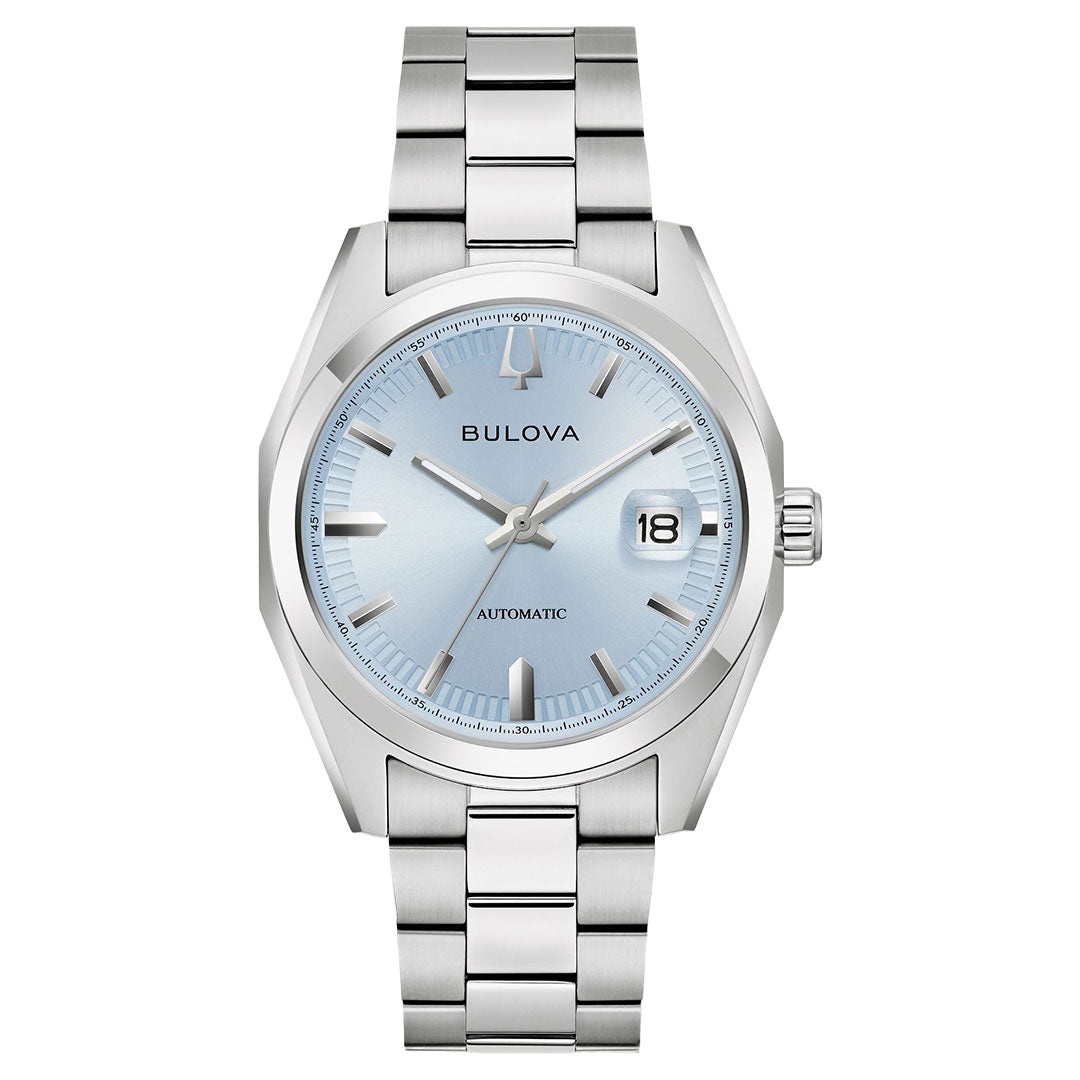 The Bulova Surveyor Automatic 39mm men’s watch features a stainless steel link bracelet, light blue dial with silver markers and hands, automatic movement, date at 3 o’clock, and “Automatic” on the face.