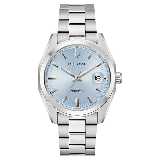 The Bulova Surveyor Automatic 39mm men’s watch features a stainless steel link bracelet, light blue dial with silver markers and hands, automatic movement, date at 3 o’clock, and “Automatic” on the face.