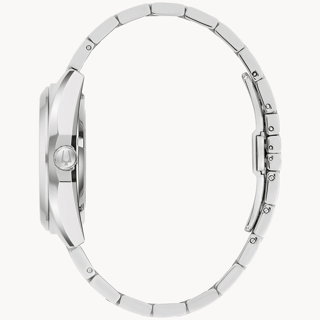 Side view of the Bulova Surveyor Automatic 39mm Watch, featuring a round face, link bracelet, and stainless steel build with visible thickness, crown, and clasp by Bulova, photographed on a white background.
