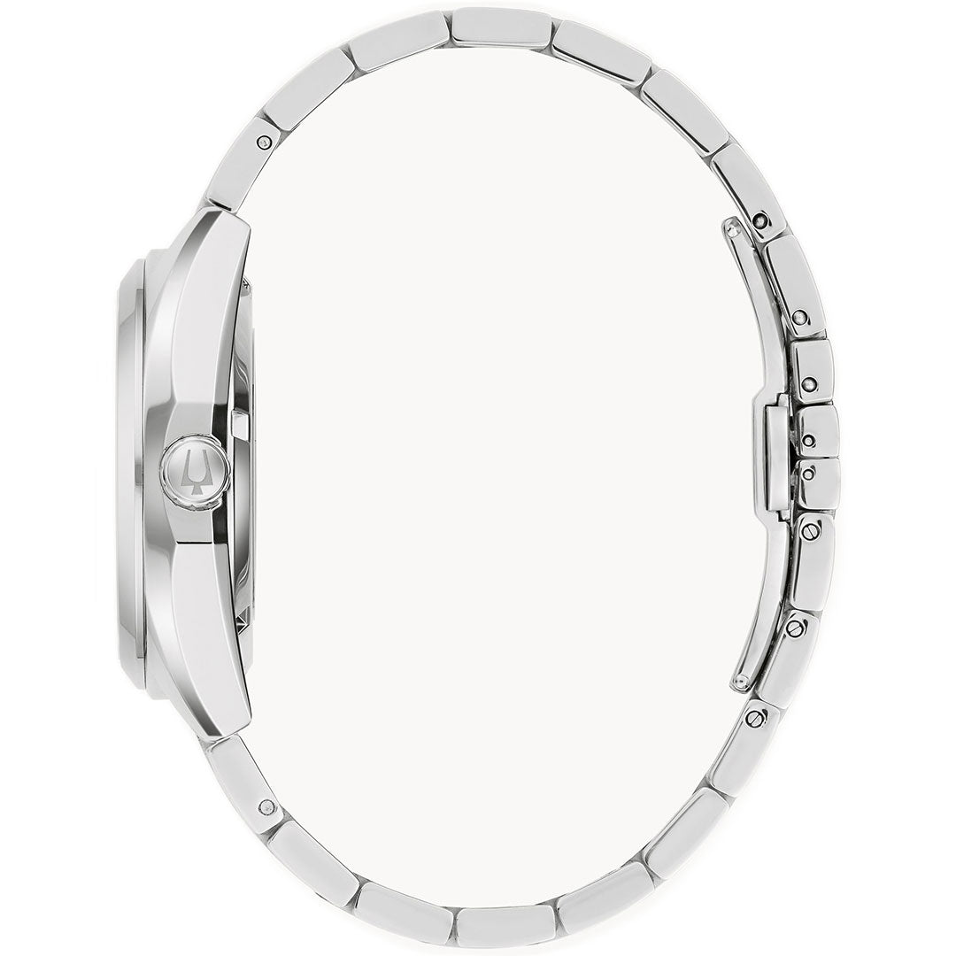 Side view of the Bulova Surveyor Automatic 39mm men’s watch, showcasing its silver stainless steel round case, linked bracelet, detailed clasp, and prominent side crown.