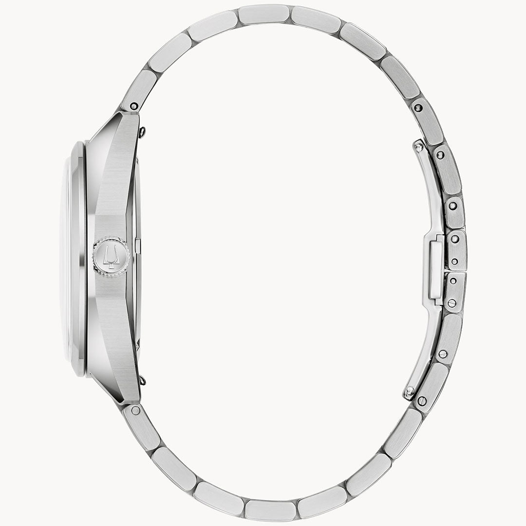 Side view of the Bulova Jet Star Quartz 40mm Watch by Bulova, featuring a stainless steel link bracelet and slim case, with visible crown and clasp set against a plain white background.