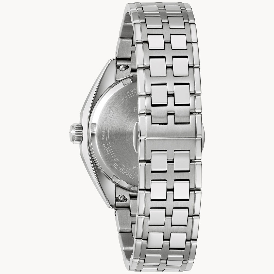 A close-up of the Bulova Jet Star Quartz 40mm Watch highlights its brushed stainless steel case, polished and matte link bracelet, and visible left side crown—showcasing Bulova’s precise quartz craftsmanship.