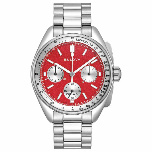 The Bulova Lunar Pilot Quartz 43.5mm Watch features a striking red dial with a tachymeter scale. It includes three subdials, a date window, and the "Bulova" logo elegantly positioned below 12 o'clock, powered by precision quartz movement. Its stainless steel bracelet is polished for a sleek finish.