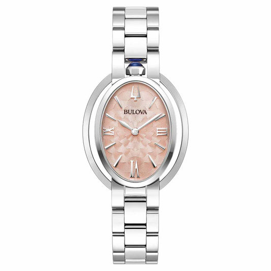 Discover the timeless elegance of the Bulova Rubaiyat Quartz 28.8mm Watch for women. This exquisite silver timepiece from Bulova boasts a stainless steel bracelet-style band and a pink textured oval face, adorned with Roman numerals at the 12 and 6 positions to complement its polished links perfectly.