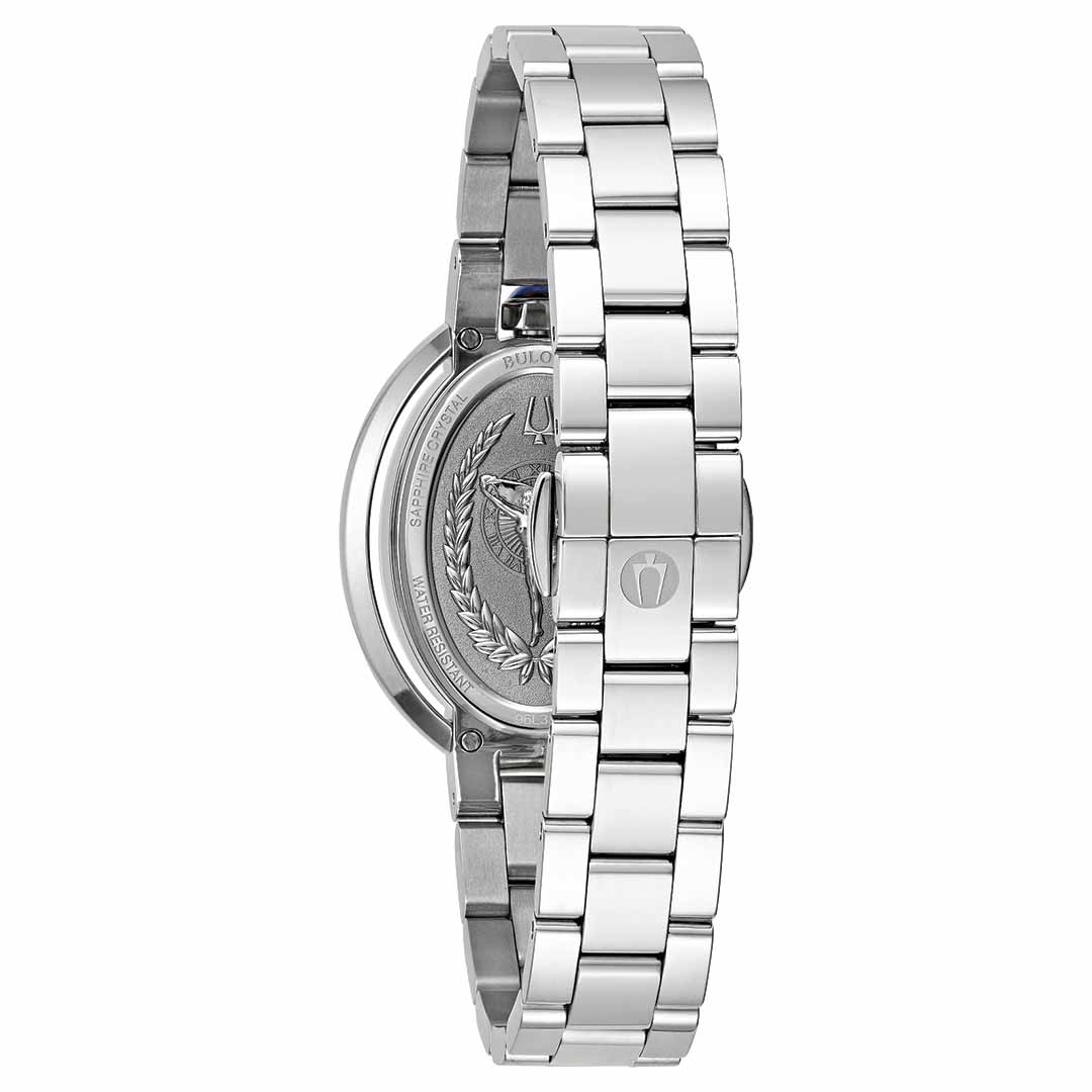 The Bulova Rubaiyat Quartz 28.8mm Watch from the women's collection highlights its case back adorned with engraved decorative designs, complemented by a stainless steel bracelet featuring a clasp elegantly engraved with an emblem.