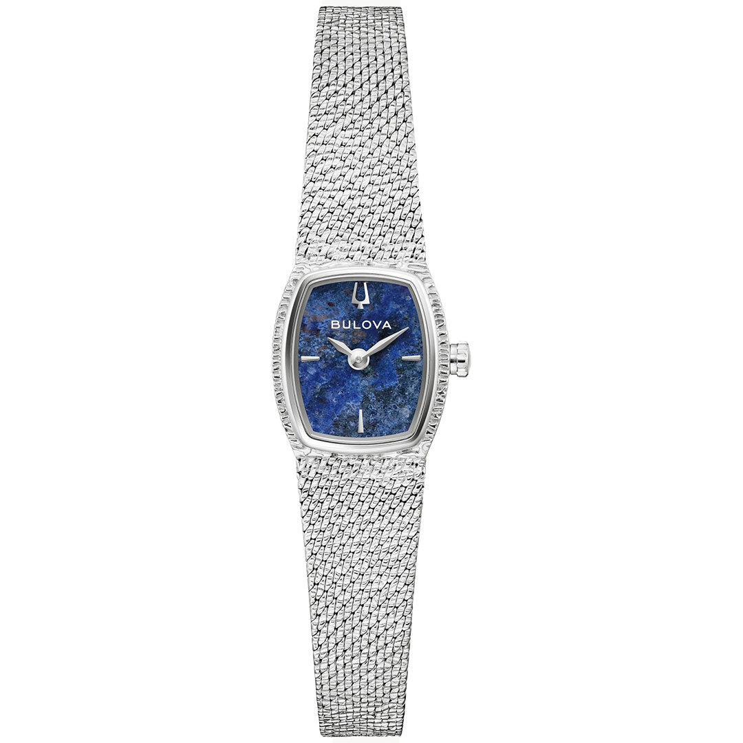 The Bulova Goddess of Time Quartz 17mm Watch features a textured silver-tone band and a blue marbled rectangular dial with silver hour markers and hands.