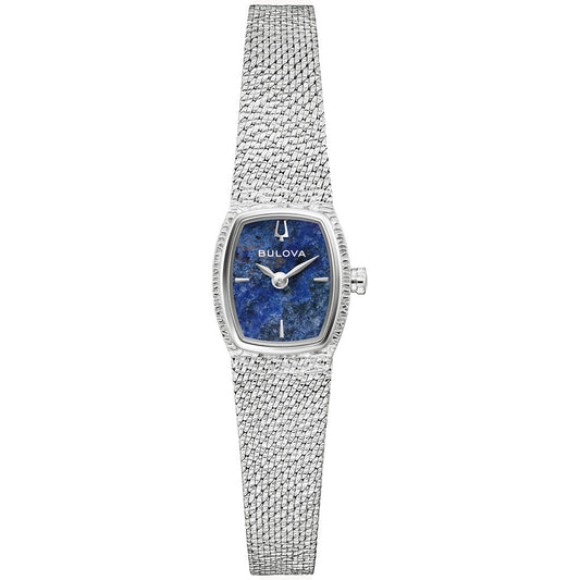 The Bulova Goddess of Time Quartz 17mm Watch features a textured silver-tone band and a blue marbled rectangular dial with silver hour markers and hands.