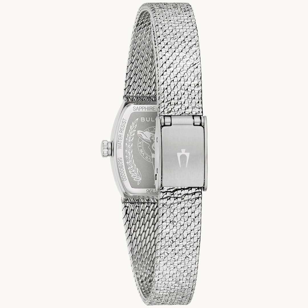 A silver mesh band with a clasp is displayed from the back, highlighting the engraved case back and detailed links of the Bulova Goddess of Time Quartz 17mm Watch by Bulova.