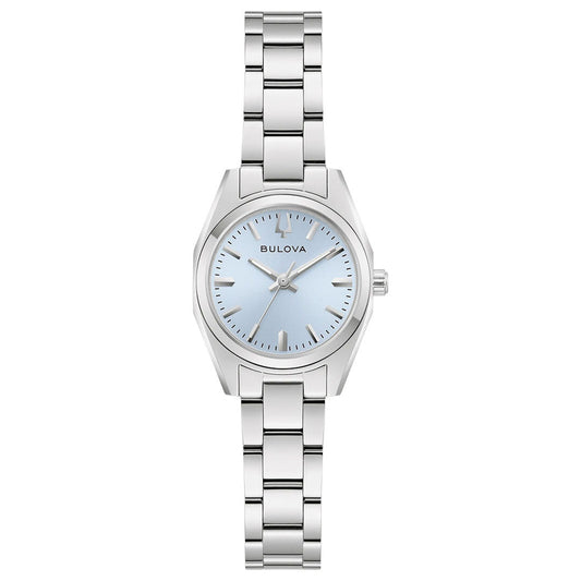 The Bulova Surveyor Quartz 23mm Watch for ladies features a silver-tone stainless steel link band, light blue dial with minimal hour markers and three hands.