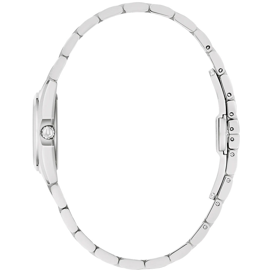 Side view of the Bulova Surveyor Quartz 23mm Watch for women, featuring a slim silver-tone stainless steel band with flat links, round crown, clasp, and an elegant light blue dial.