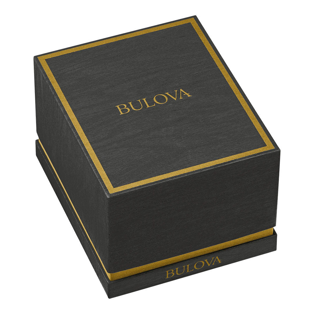 A black rectangular Bulova box with gold trim and "BULOVA" in gold on the lid and side, ideal for gifting a Bulova Surveyor Quartz 23mm Watch.