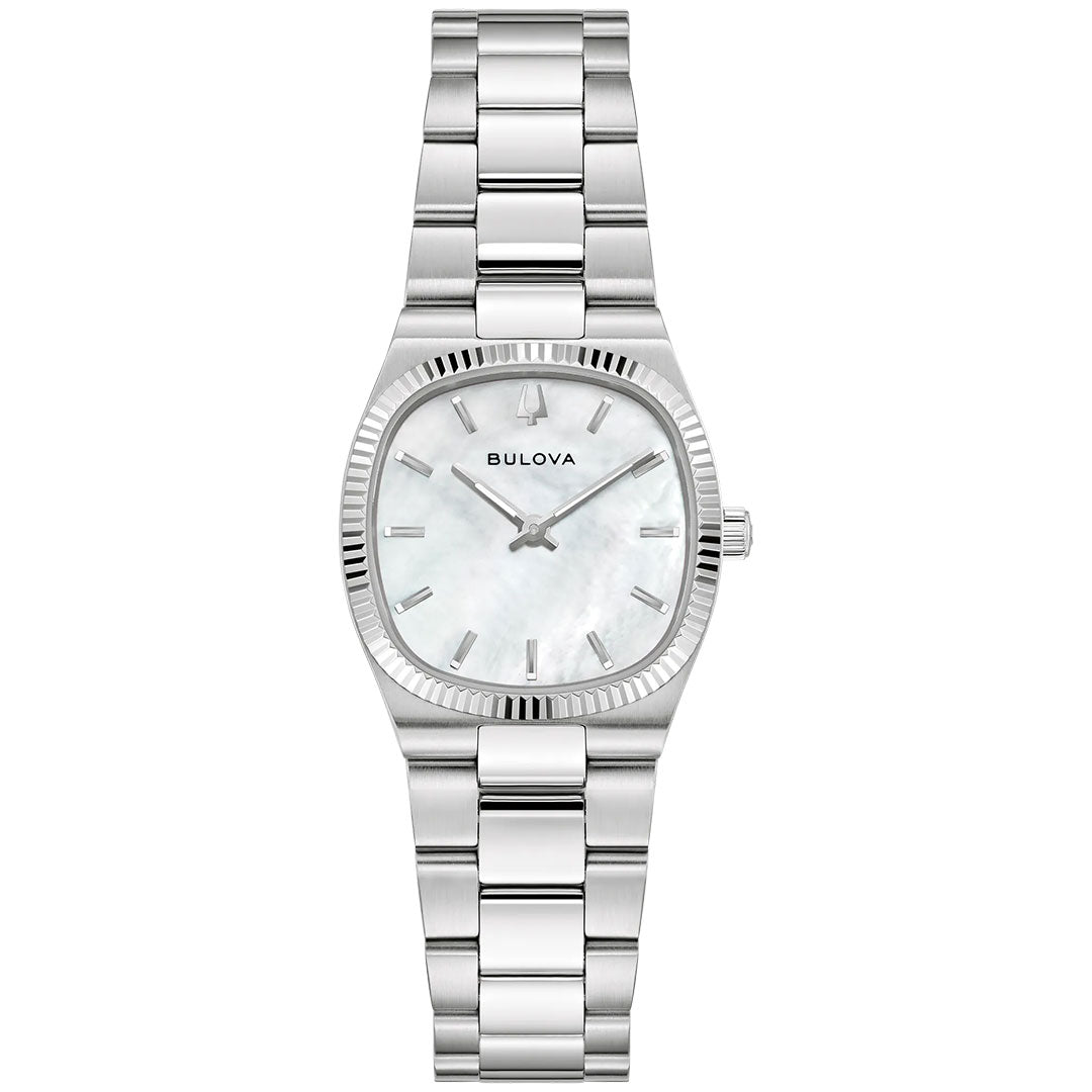 The Bulova Super Seville Mini Quartz 25mm Watch for women features a stainless steel silver link band, square white mother-of-pearl dial, silver hour markers and hands, and a fluted bezel—offering simple, elegant style.