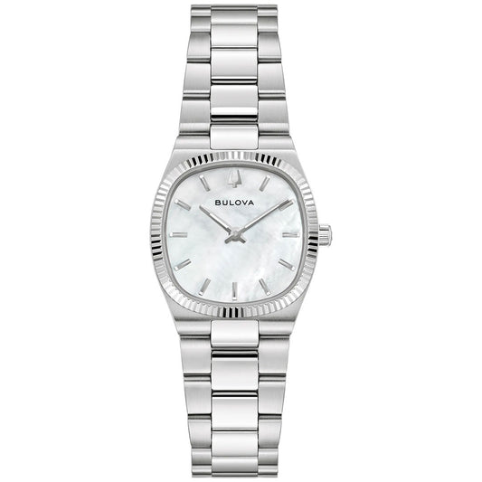 The Bulova Super Seville Mini Quartz 25mm Watch for women features a stainless steel silver link band, square white mother-of-pearl dial, silver hour markers and hands, and a fluted bezel—offering simple, elegant style.