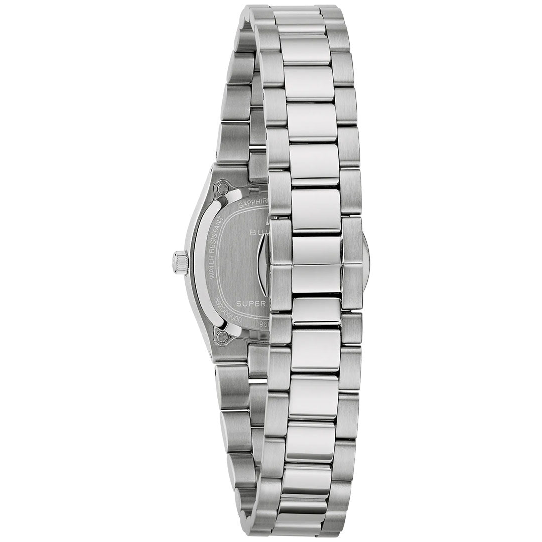 A close-up of the Bulova Super Seville Mini Quartz 25mm Watch shows the polished stainless steel band, clasp, and partially visible case and crown.