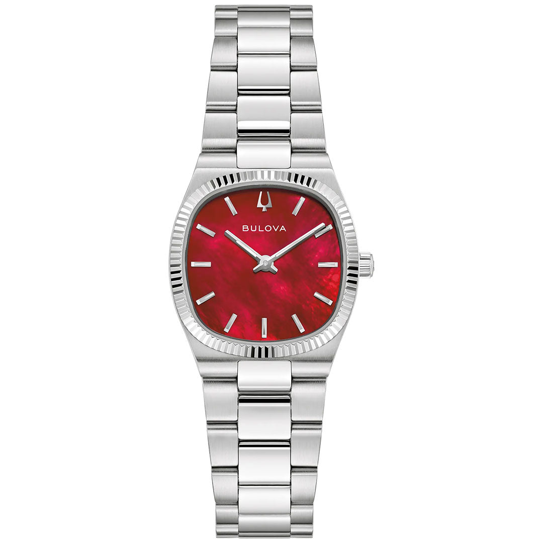 The Bulova Super Seville Mini Quartz 25mm women's watch features a silver metal link band and a red mother-of-pearl dial with silver hour markers, hands, and the Bulova logo below 12 o'clock.