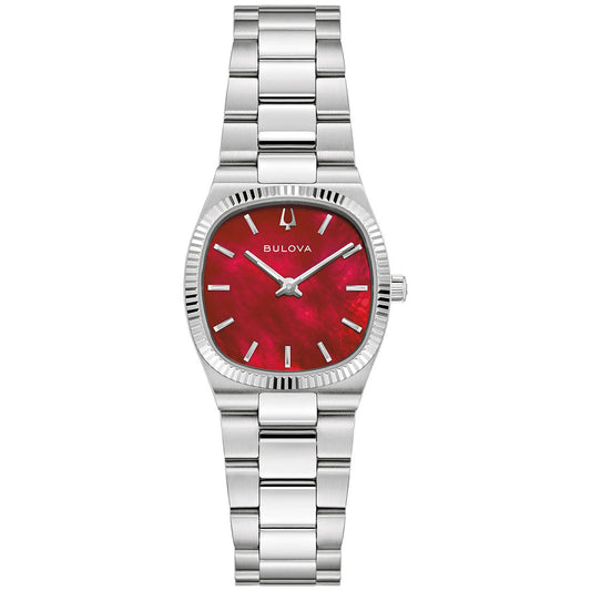 The Bulova Super Seville Mini Quartz 25mm women's watch features a silver metal link band and a red mother-of-pearl dial with silver hour markers, hands, and the Bulova logo below 12 o'clock.