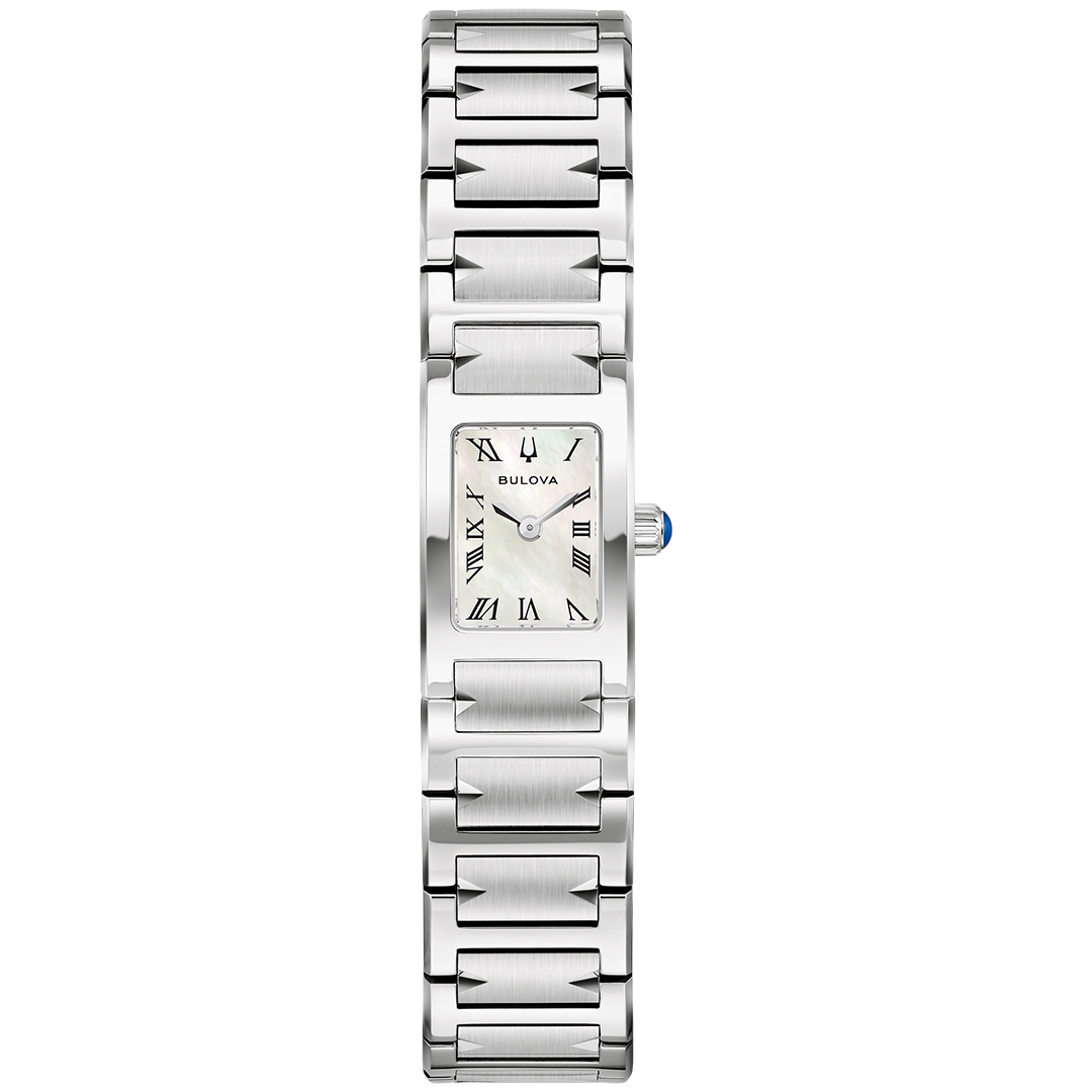 Bulova Marc Anthony Harmony Quartz 14mm watch with a rectangular silver-tone case, mother-of-pearl dial, Roman numeral indices, and a link bracelet.
