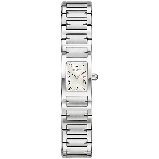 Bulova Marc Anthony Harmony Quartz 14mm watch with a rectangular silver-tone case, mother-of-pearl dial, Roman numeral indices, and a link bracelet.