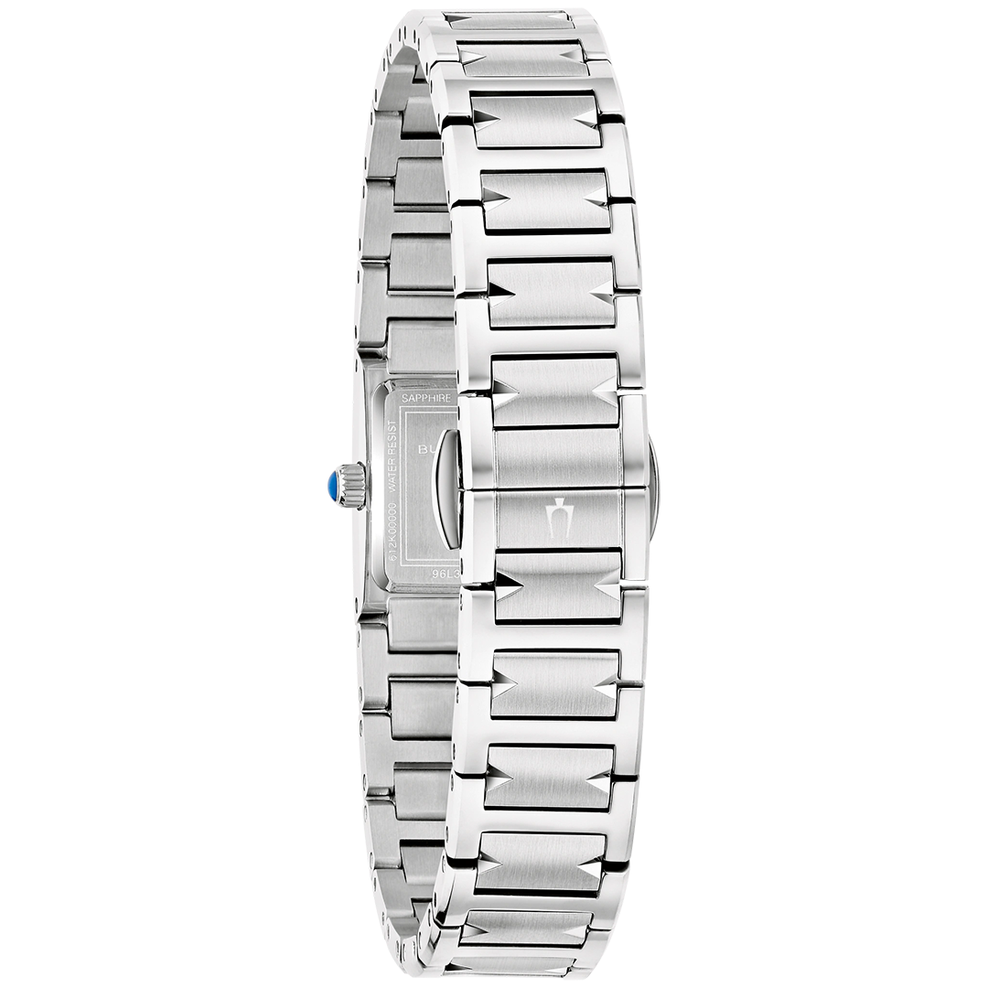 Side view of the silver-tone Bulova Marc Anthony Harmony Quartz 14mm Watch, featuring a metal link bracelet, stainless steel case back, and crown.