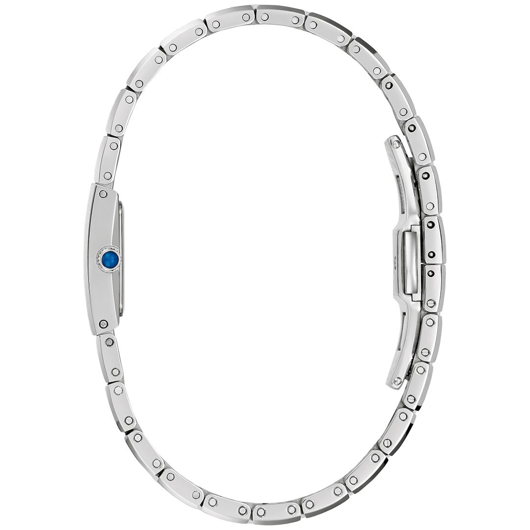 Bulova Marc Anthony Harmony Quartz 14mm Watch featuring a silver-tone stainless steel oval case, mother-of-pearl dial, and a blue cabochon on the crown.