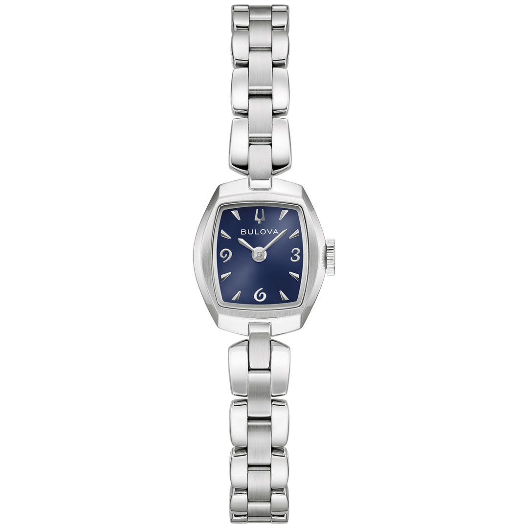 The Bulova Goddess of Time Jackie Quartz 18mm Watch is a women’s timepiece featuring a striking blue square dial with silver hands and stylized numerals at 3, 6, 9, and 12 o’clock, complemented by a sleek silver linked metal band.