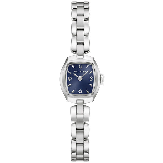 The Bulova Goddess of Time Jackie Quartz 18mm Watch is a women’s timepiece featuring a striking blue square dial with silver hands and stylized numerals at 3, 6, 9, and 12 o’clock, complemented by a sleek silver linked metal band.